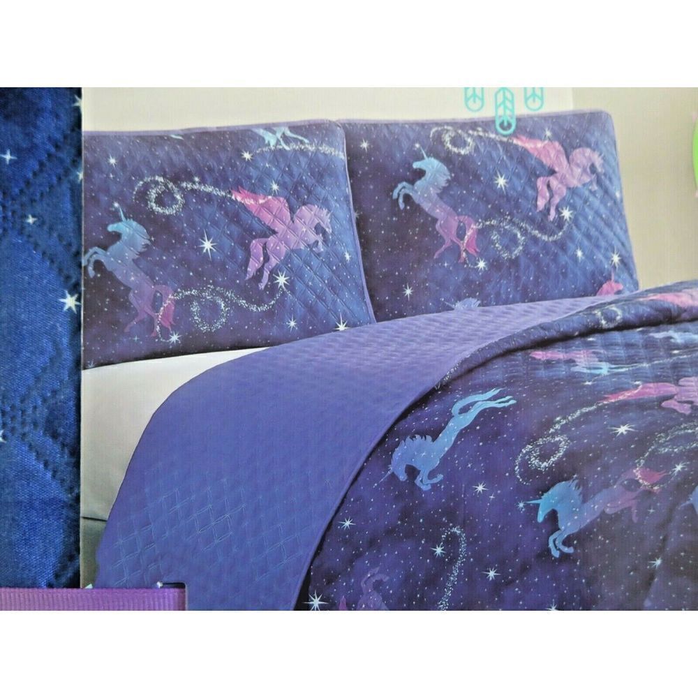 LITTLE DREAMERS KIDS UNICORNS Stars Purple REVERSIBLE TWIN QUILT SHAM SET $120